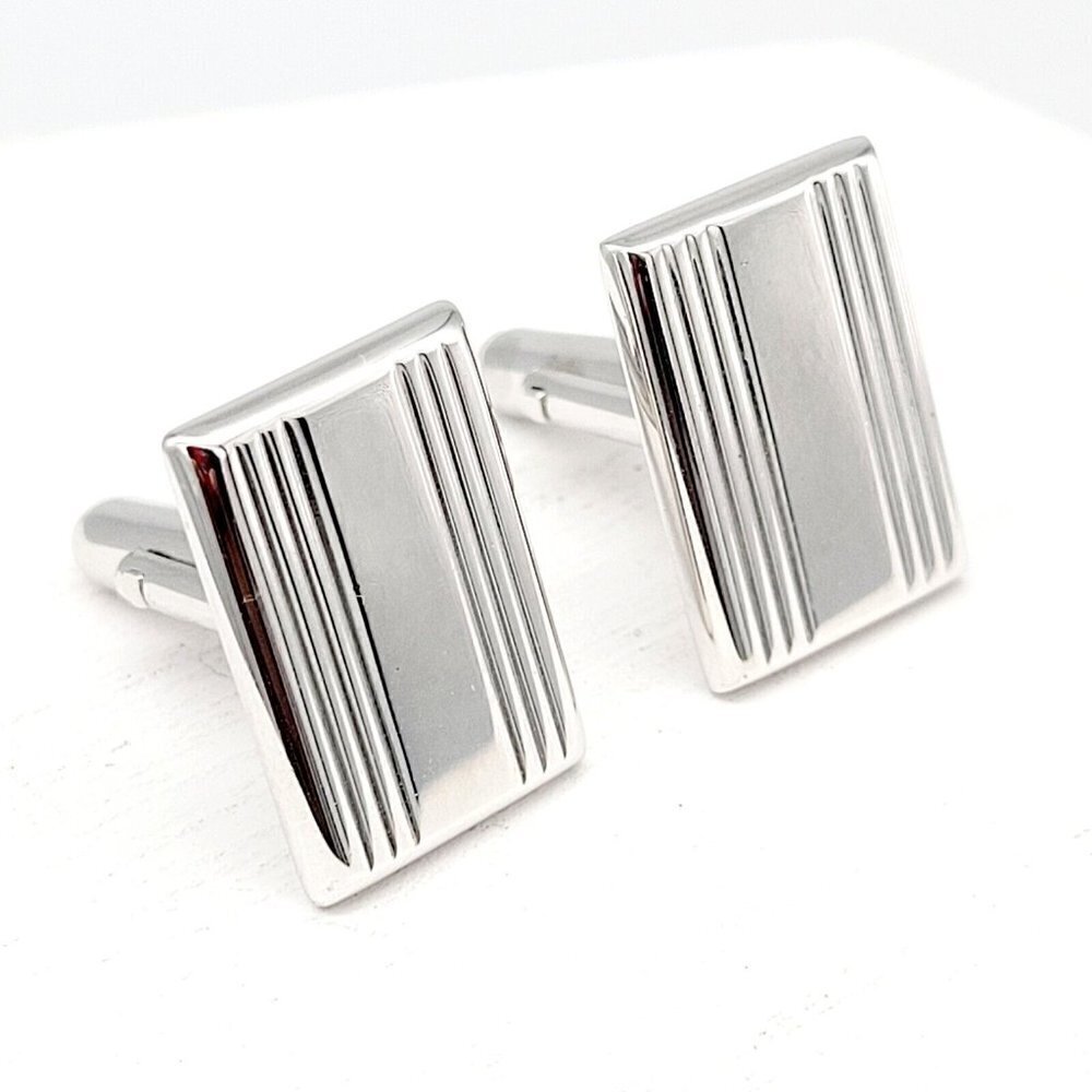 Contemporary Rectangular Cufflinks Silver Tone Clean Lines Men's Accessories